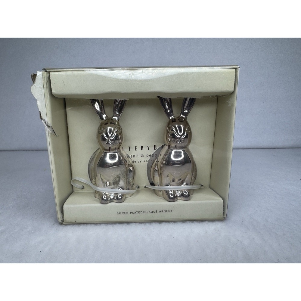 Pottery Barn Silver Bunny Rabbit Easter Spring Salt Pepper Shakers Set Decor